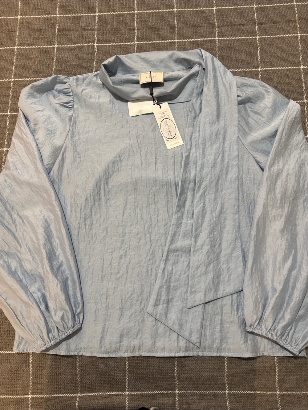 Neo Noir - Light Blue Tie-Neck Puff Sleeve Blouse